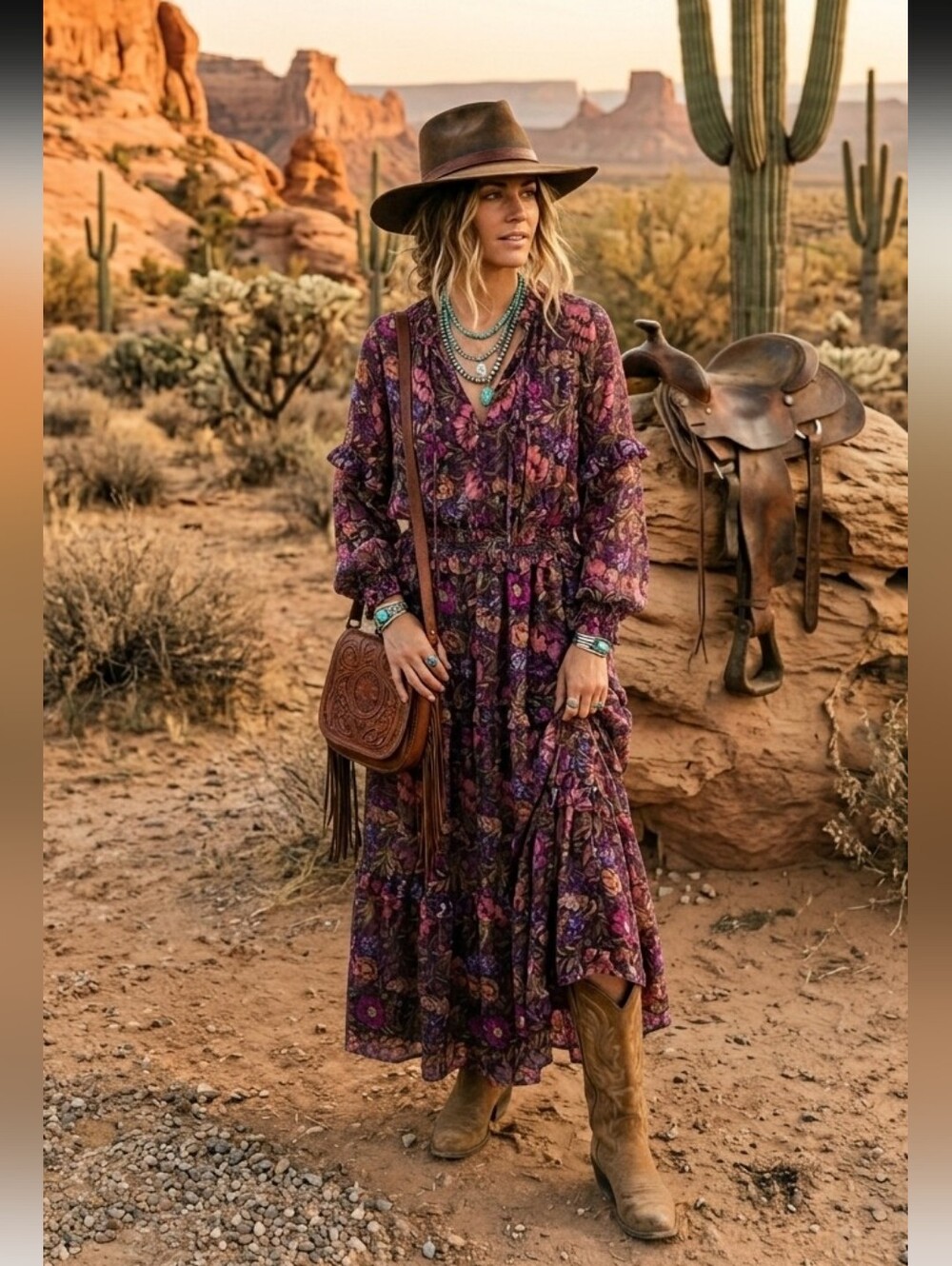 ILLA ILLA Boho Floral Maxi Dress Women Sz M Purple Gold Cottagecore Western - Picture 3 of 13